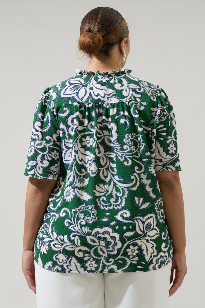Harriet Floral Ruffle Split Neck Dupont Top Curve