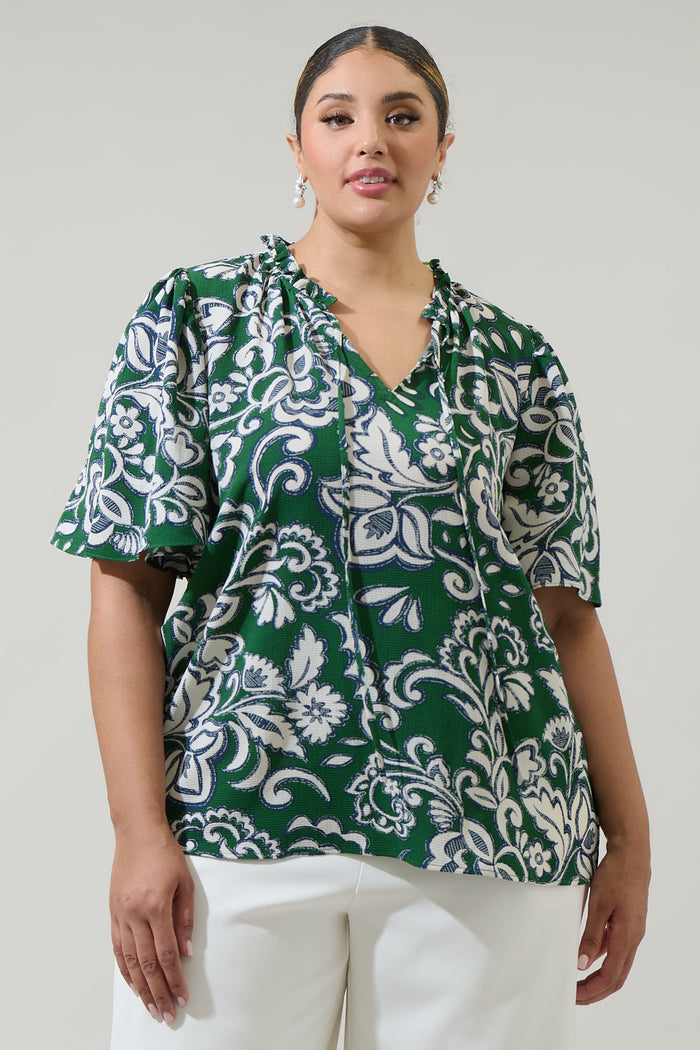 Harriet Floral Ruffle Split Neck Dupont Top Curve