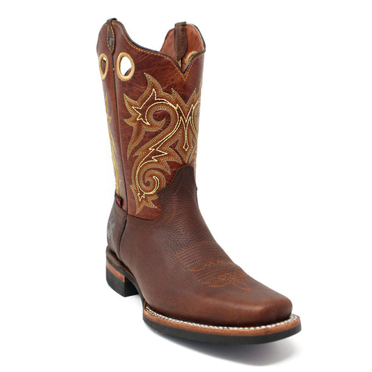 Brown cowboy boot with gold embroidery on a white background