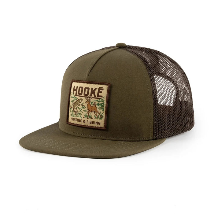 HOOKE HUNTING & FISHING TRUCKER HAT DARK OLIVE & BROWN