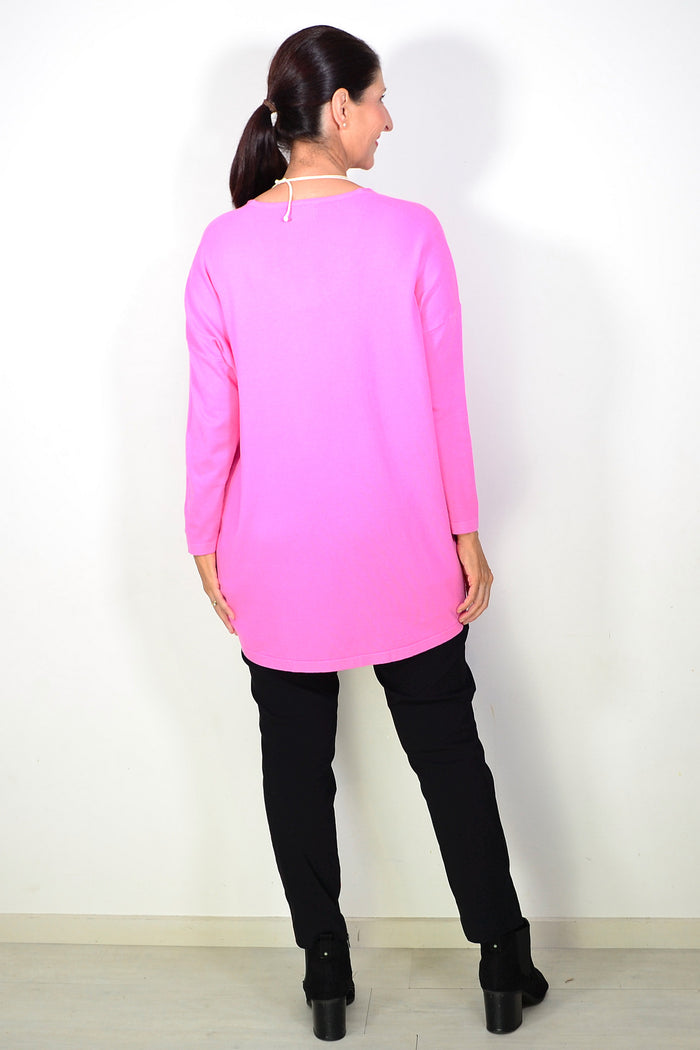 Hot Pink Wool Blend Fine Knit Tunic Top