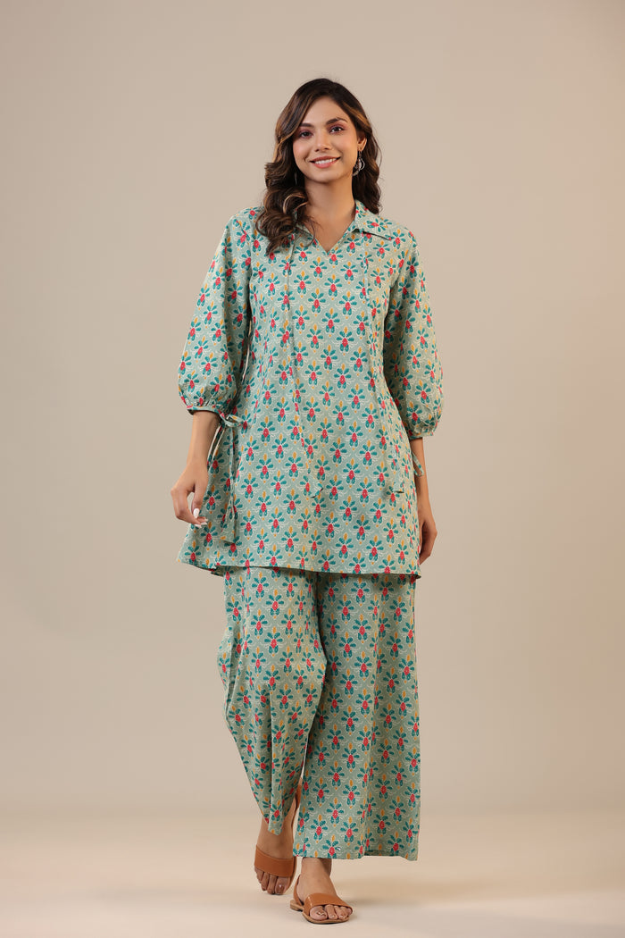 Ikat Checkered Florals on Cotton Collared Co-ord Set