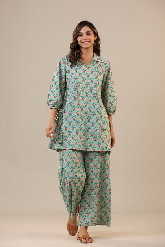 Ikat Checkered Florals on Cotton Collared Co-ord Set