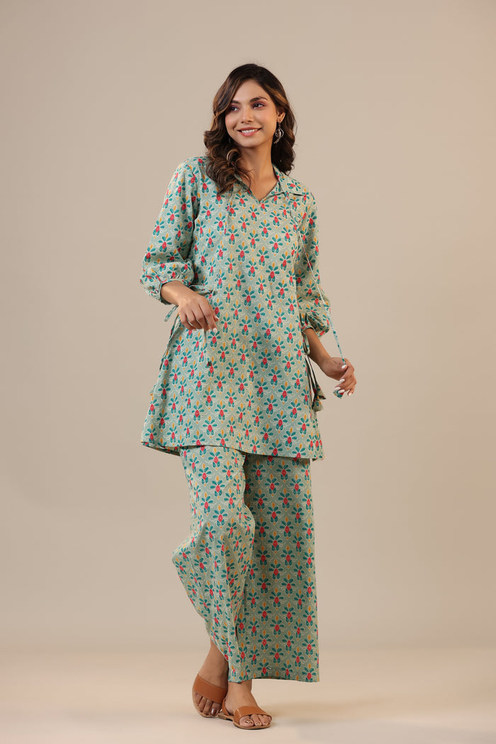 Ikat Checkered Florals on Cotton Collared Co-ord Set