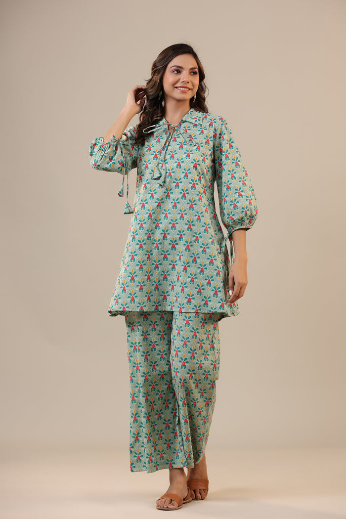 Ikat Checkered Florals on Cotton Collared Co-ord Set