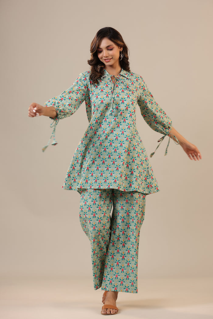 Ikat Checkered Florals on Cotton Collared Co-ord Set