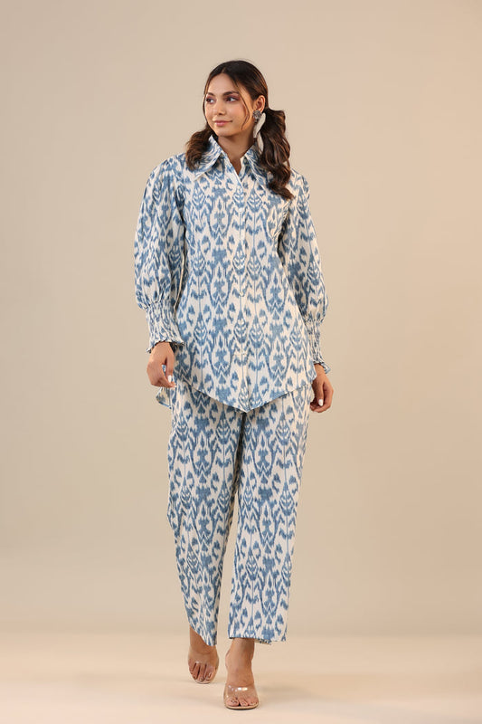 Ikat on Off White Cotton Collared Co-ord Set