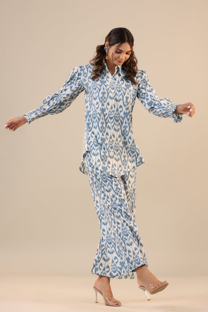 Ikat on Off White Cotton Collared Co-ord Set