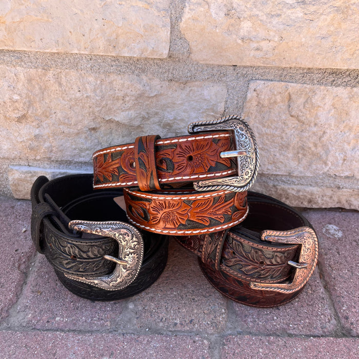 American Bison Tooled Leather Belt - Honey