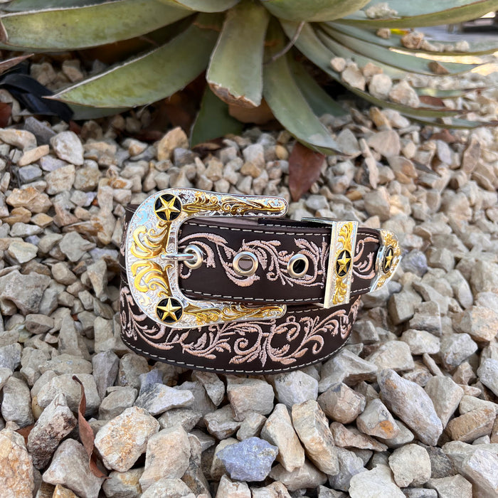 Leather Belt w/ Embroidered Print- Café