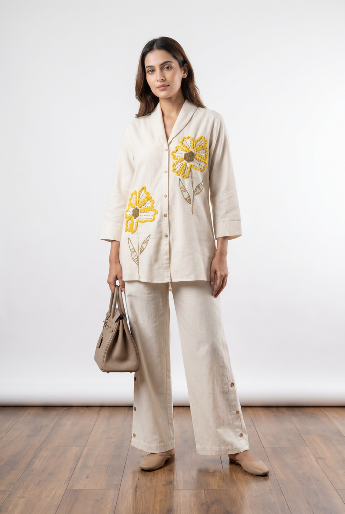 Ivory Floral Embroidery Cotton Flex Co-ord Set