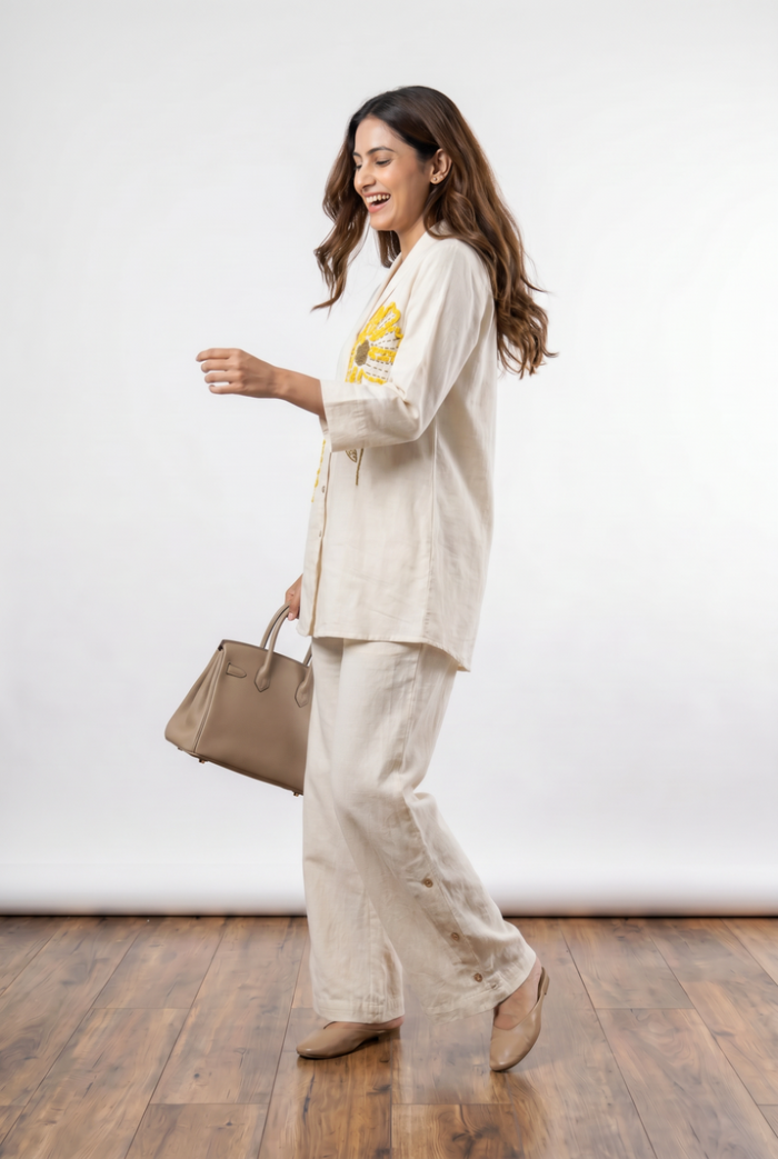 Ivory Floral Embroidery Cotton Flex Co-ord Set