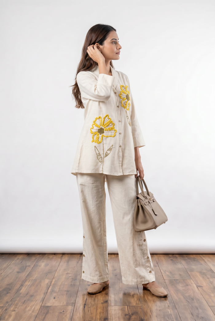 Ivory Floral Embroidery Cotton Flex Co-ord Set