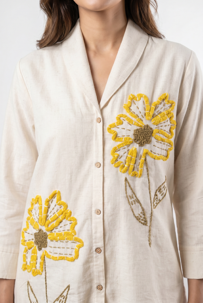 Ivory Floral Embroidery Cotton Flex Co-ord Set