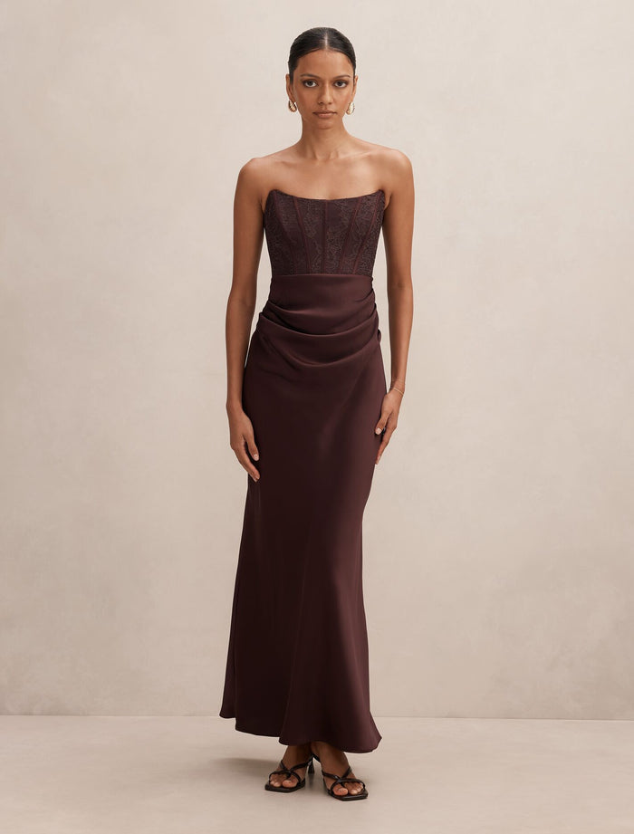Ivy Petite Lace Corset Maxi Dress Dark Chocolate Forever New