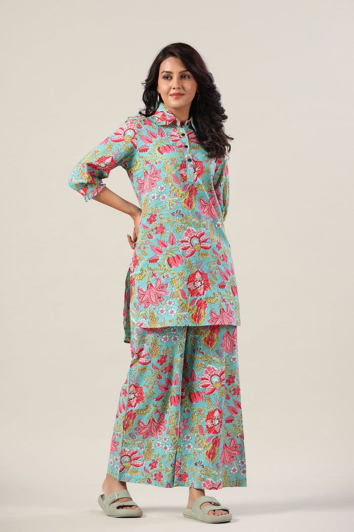 Jaal on Blue Collared Cotton Palazzo Loungewear Set
