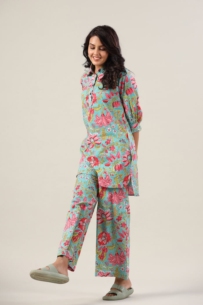 Jaal on Blue Collared Cotton Palazzo Loungewear Set