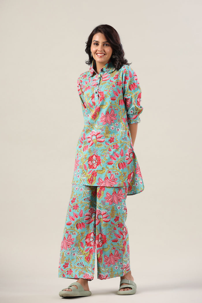 Jaal on Blue Collared Cotton Palazzo Loungewear Set