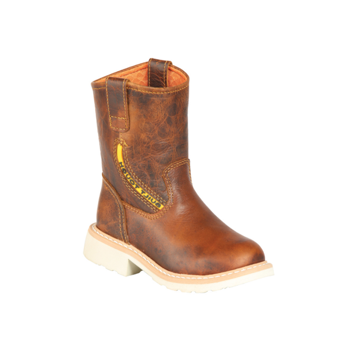 Brown leather boot with white sole