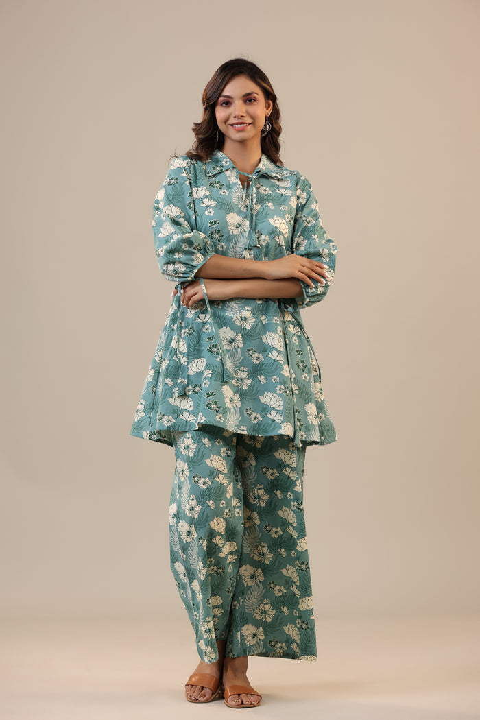 Jasmine on light Blue Cotton Collared Co-ord Set
