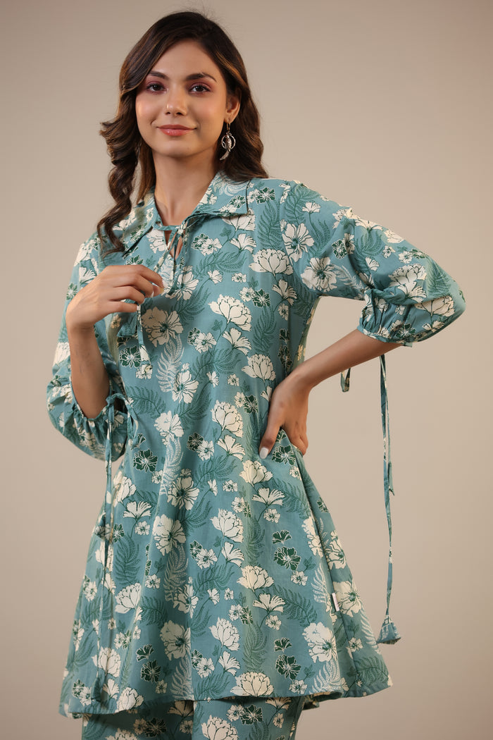 Jasmine on light Blue Cotton Collared Co-ord Set