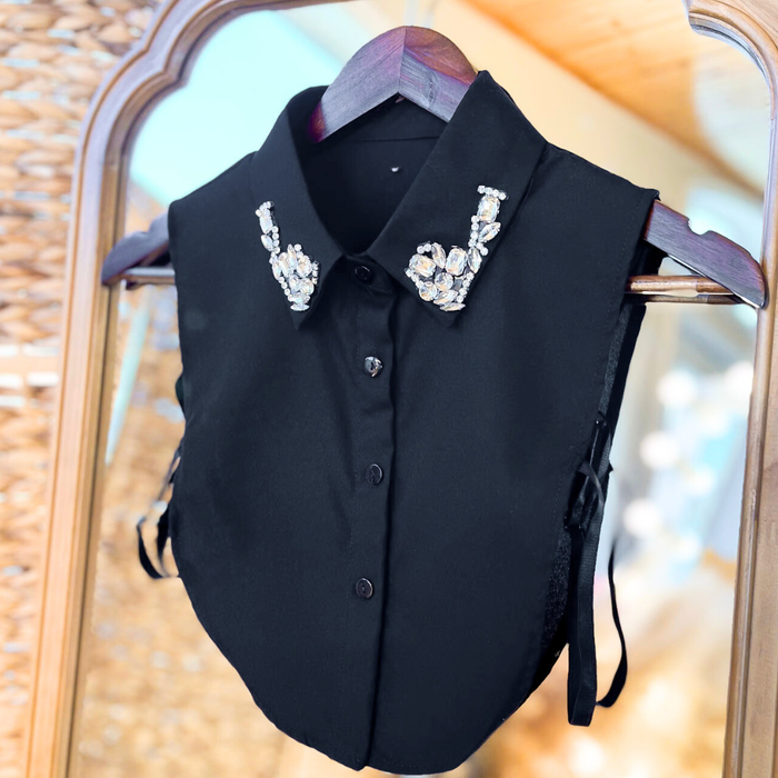 Jewelled, Faux Collared Shirt Top w Rhinestones- Black -
