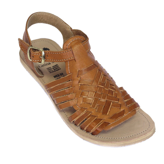 Women’s honey woven leather Mexican huarache sandals with adjustable ankle strap and gold-tone buckle