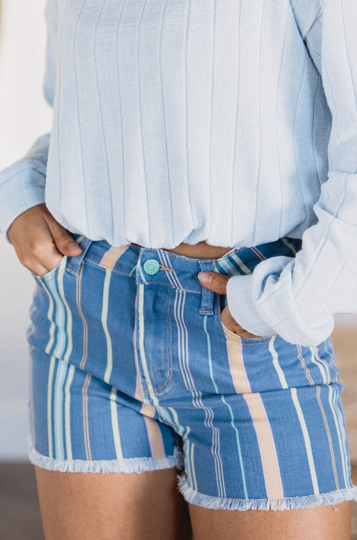 Judy Blue High Waist Beach Striped Denim Shorts
