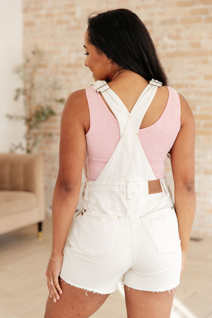 Judy Blue High Waist Garment Dyed Cutoff Short Overalls in Ecru