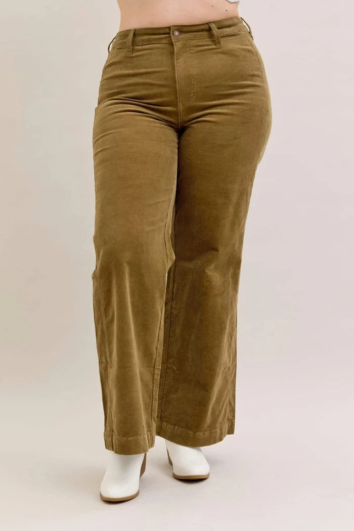 Judy Blue High Waist Olive Corduroy Retro Wide Leg Bottoms