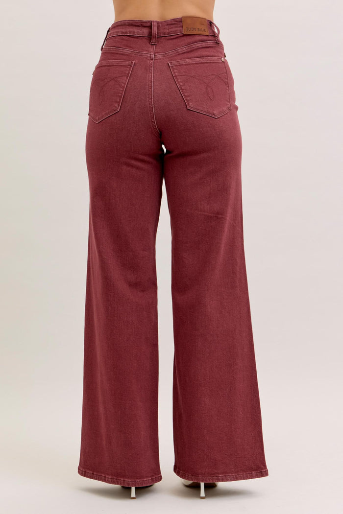 Judy Blue High Waist Retro Wide Leg with Twisted Seams Burgundy