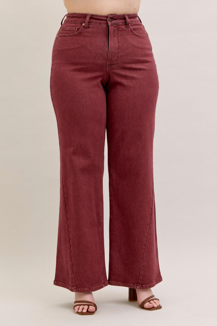 Judy Blue High Waist Retro Wide Leg with Twisted Seams Burgundy