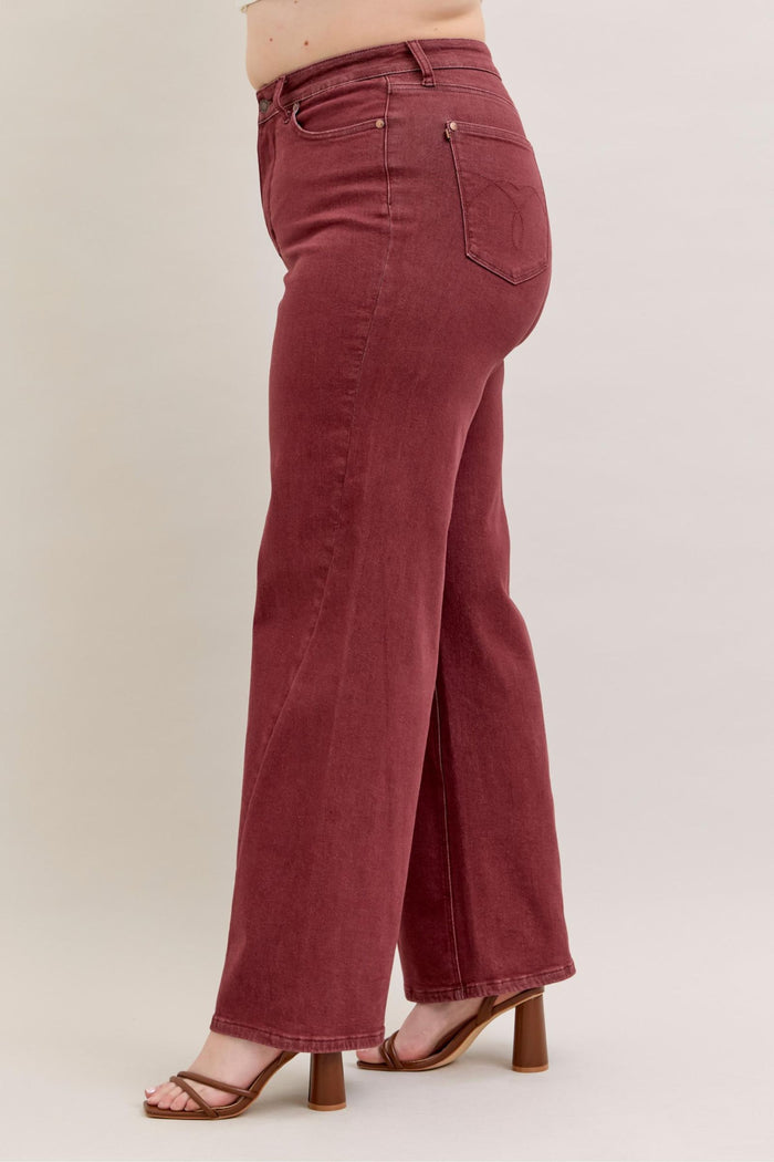 Judy Blue High Waist Retro Wide Leg with Twisted Seams Burgundy