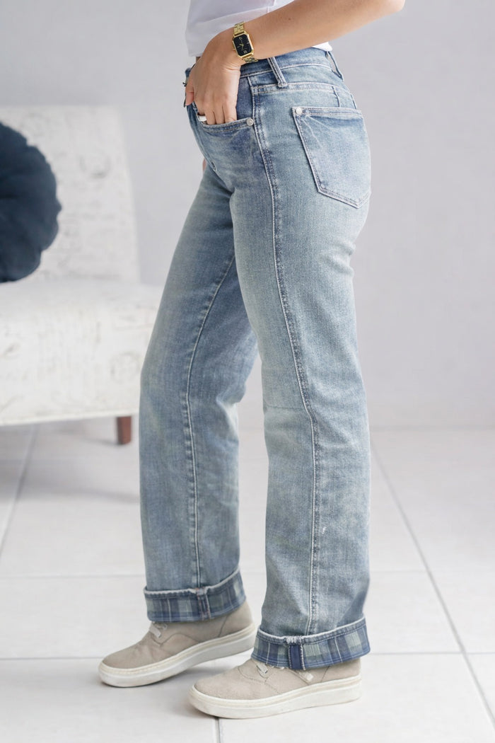 Judy Blue High Waist Straight Leg Plaid Cuff Jeans