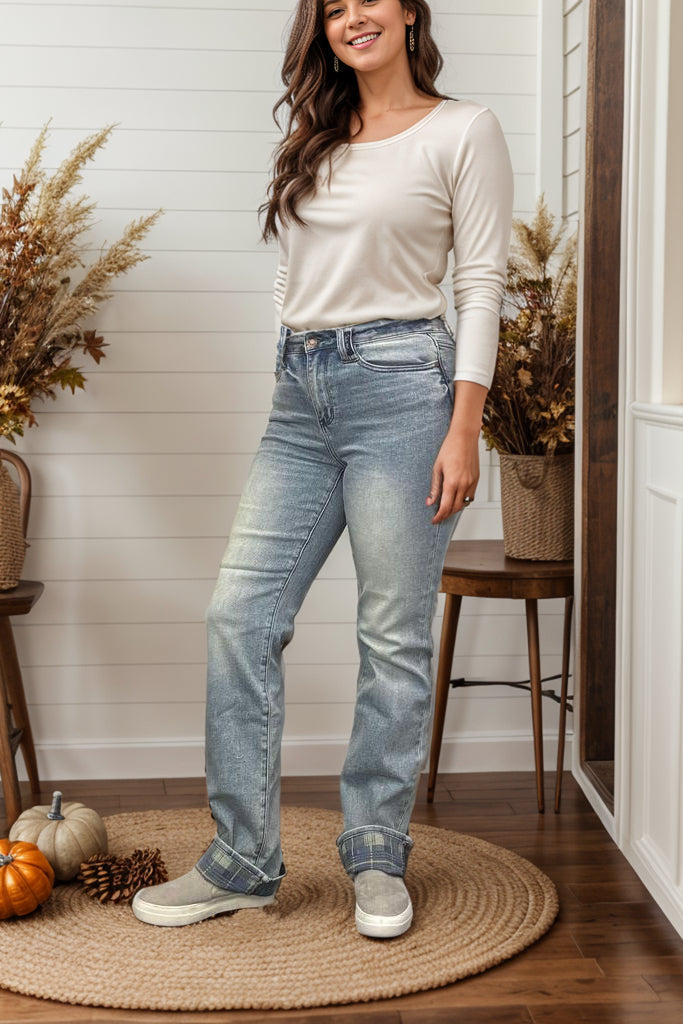 Judy Blue High Waist Straight Leg Plaid Cuff Jeans