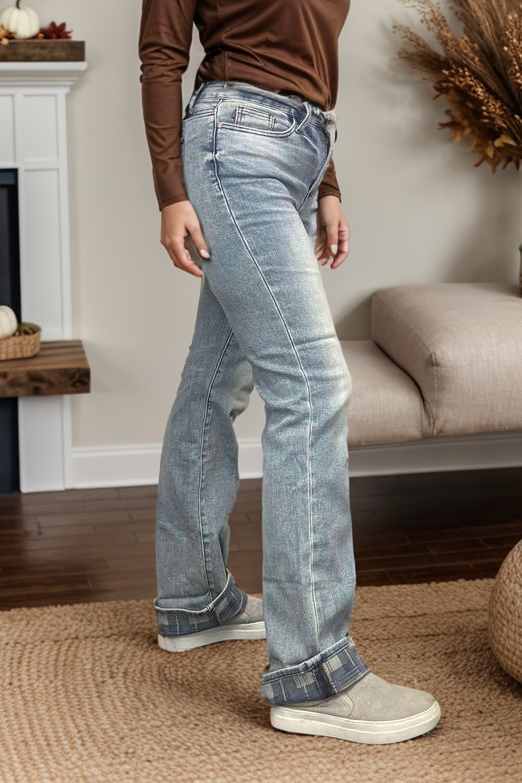 Judy Blue High Waist Straight Leg Plaid Cuff Jeans