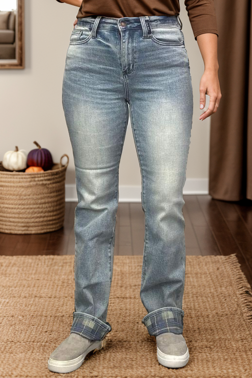 Judy Blue High Waist Straight Leg Plaid Cuff Jeans