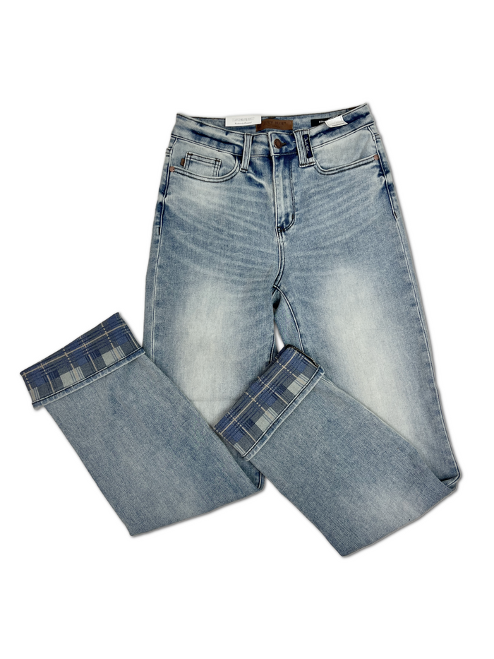 Judy Blue High Waist Straight Leg Plaid Cuff Jeans