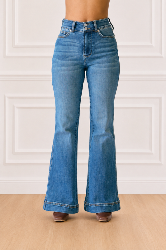 Judy Blue High Waist Tummy Control Petite Flare Double Button Waist Band Jeans