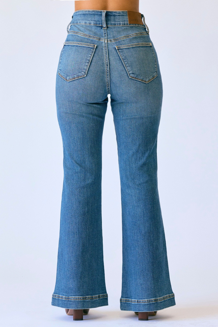 Judy Blue High Waist Tummy Control Petite Flare Double Button Waist Band Jeans