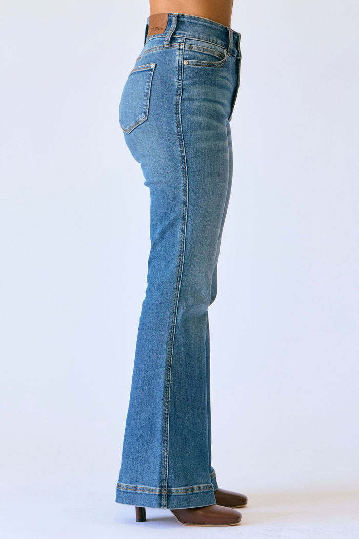Judy Blue High Waist Tummy Control Petite Flare Double Button Waist Band Jeans