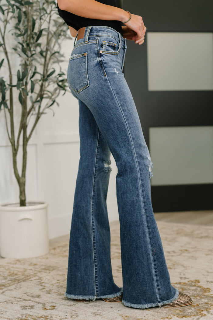 Judy Blue Mid Rise Button Fly Flare with Destroy Fray Hem