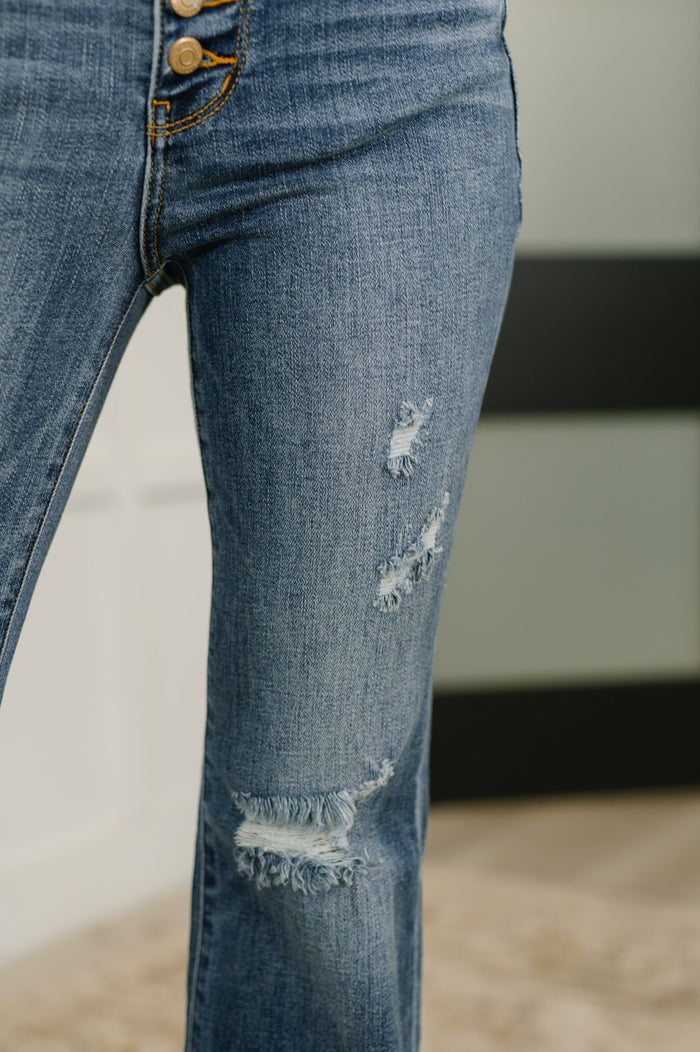 Judy Blue Mid Rise Button Fly Flare with Destroy Fray Hem