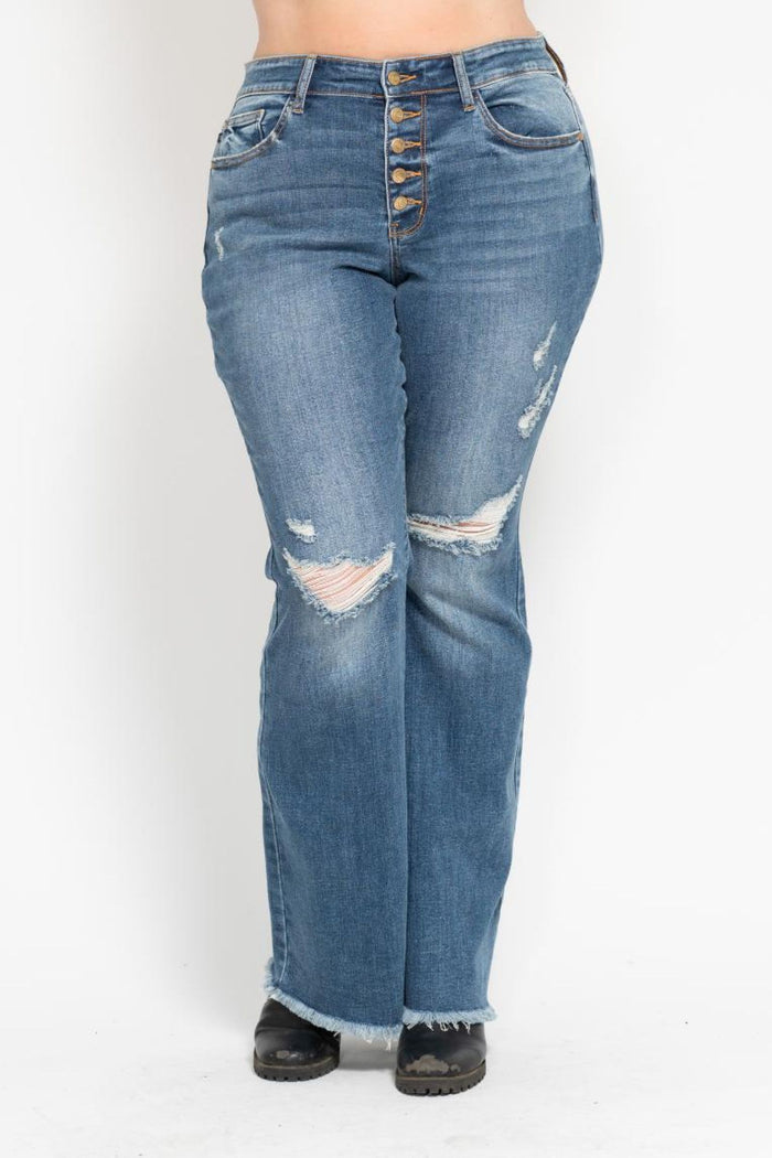 Judy Blue Mid Rise Button Fly Flare with Destroy Fray Hem
