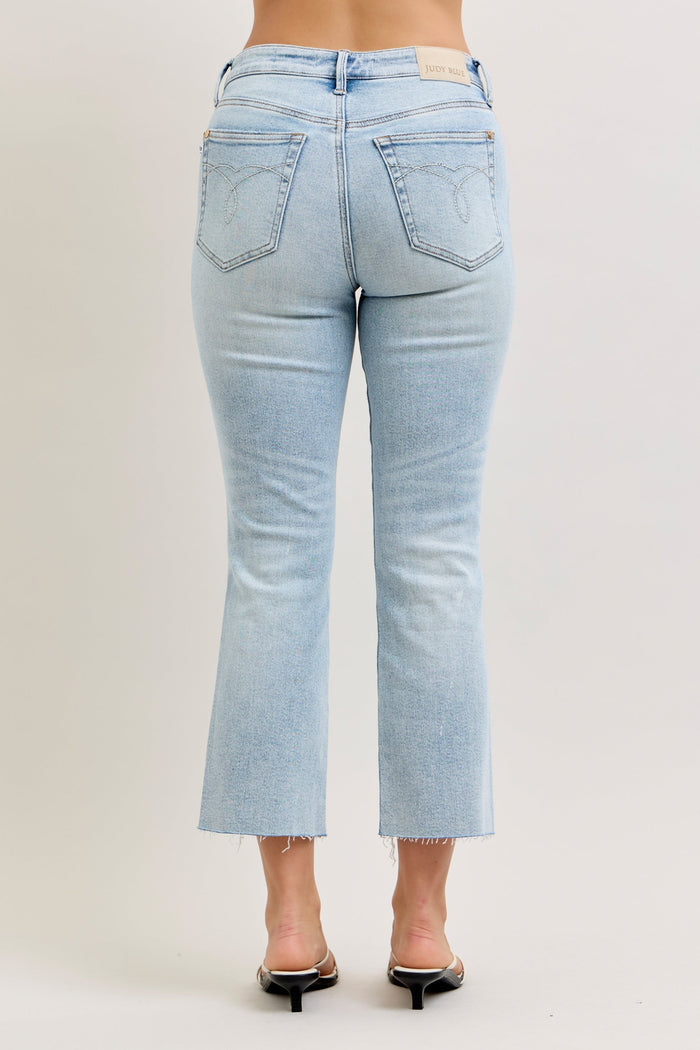 Judy Blue Mid Rise Kick Flare Raw Hem Cropped Jeans