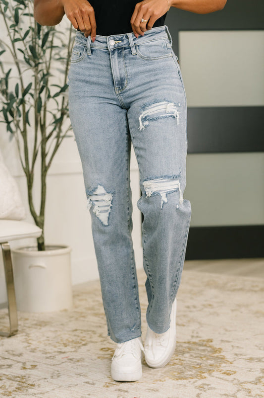 Judy Blue Mid Rise Patch Distressed 90's Straight Leg Raw Hem Jeans