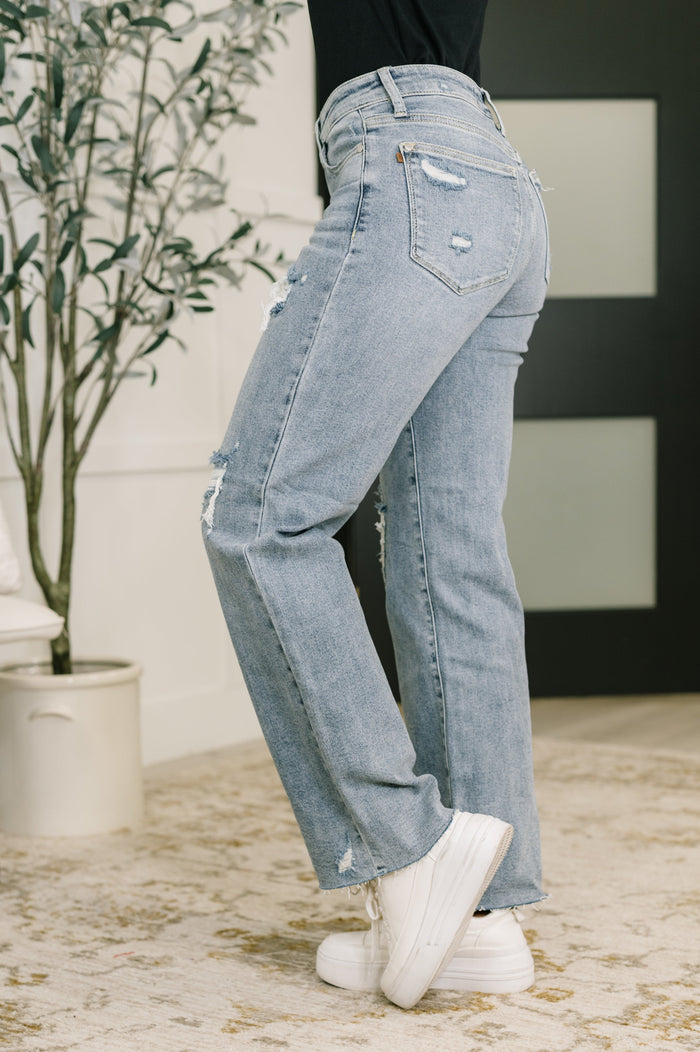 Judy Blue Mid Rise Patch Distressed 90's Straight Leg Raw Hem Jeans