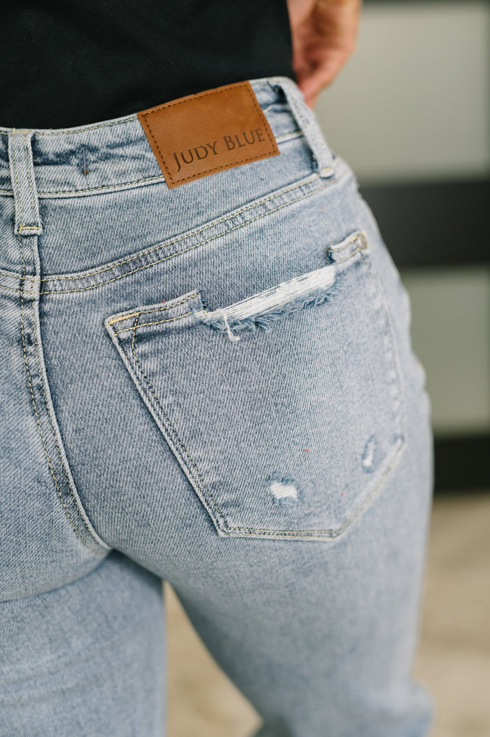Judy Blue Mid Rise Patch Distressed 90's Straight Leg Raw Hem Jeans