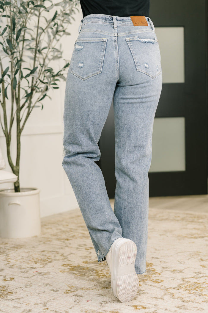 Judy Blue Mid Rise Patch Distressed 90's Straight Leg Raw Hem Jeans