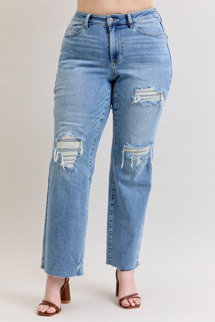 Judy Blue Mid Rise Patch Distressed 90's Straight Leg Raw Hem Jeans